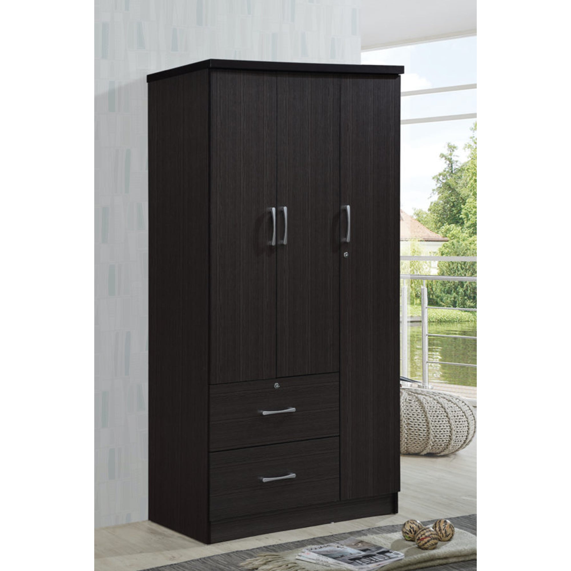 Hodedah Import 3 Door Armoire with Clothing Rod, Shelves, & 2 Drawers, Chocolate