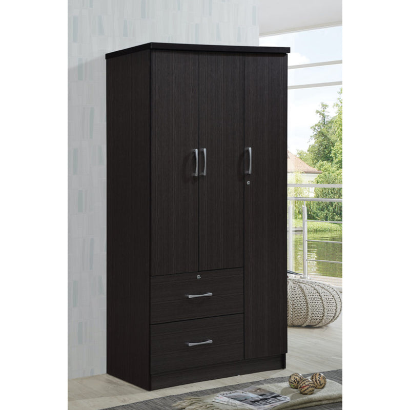 Hodedah Import 3 Door Armoire with Clothing Rod, Shelves, & 2 Drawers, Chocolate
