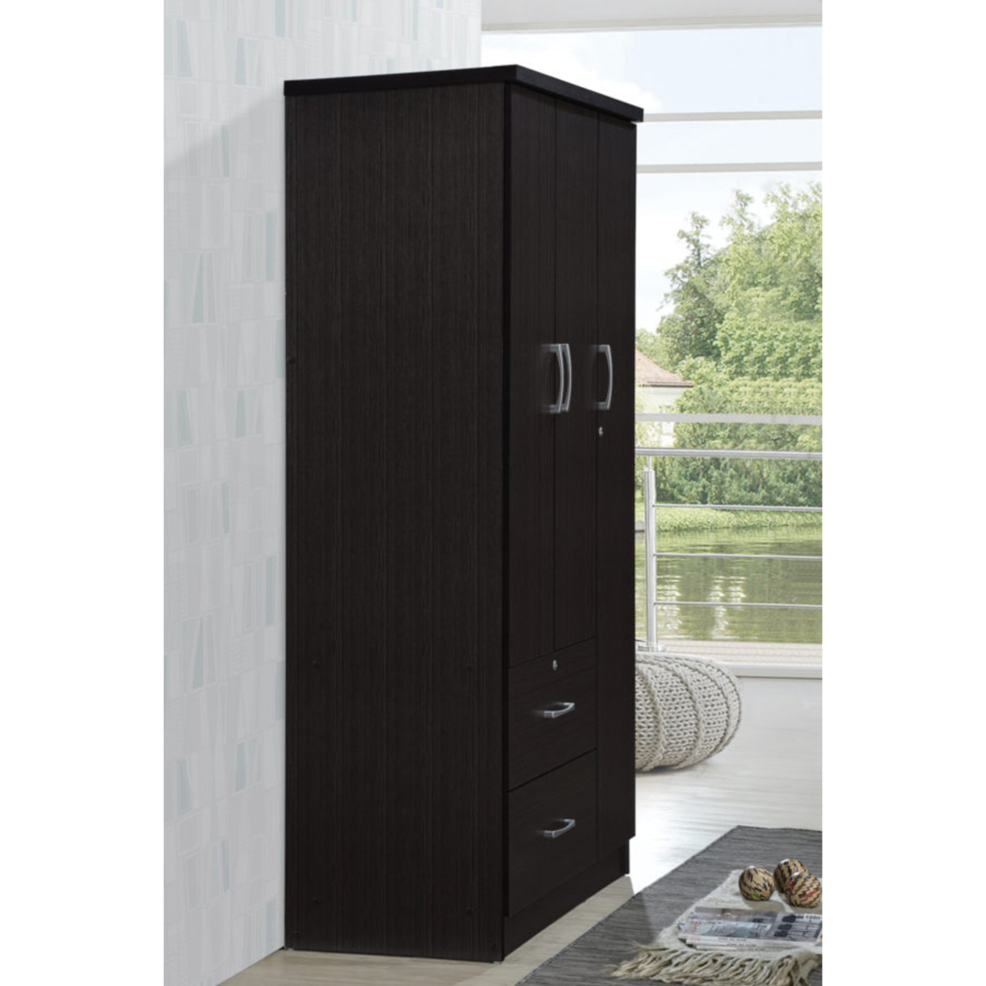 Hodedah Import 3 Door Armoire with Clothing Rod, Shelves, & 2 Drawers, Chocolate