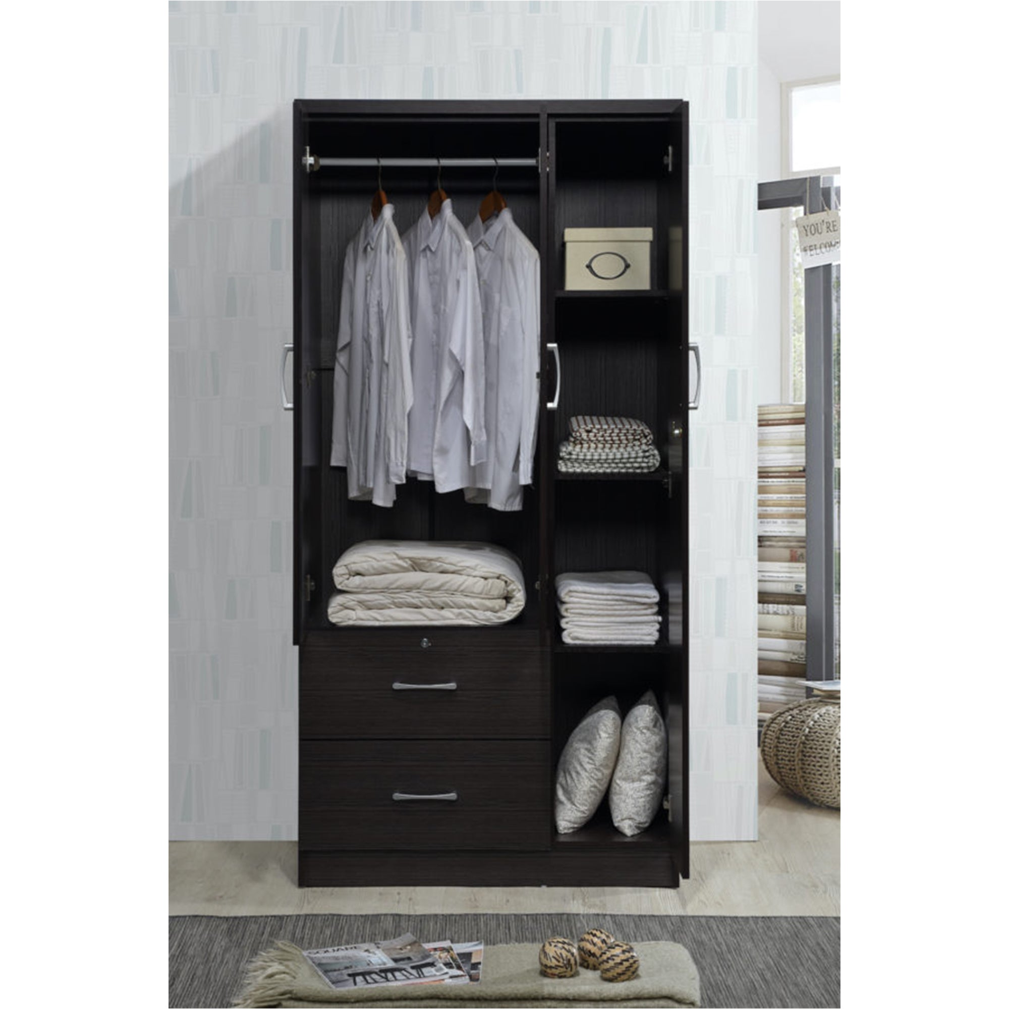 Hodedah Import 3 Door Armoire with Clothing Rod, Shelves, & 2 Drawers, Chocolate