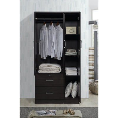Hodedah Import 3 Door Armoire with Clothing Rod, Shelves, & 2 Drawers, Chocolate