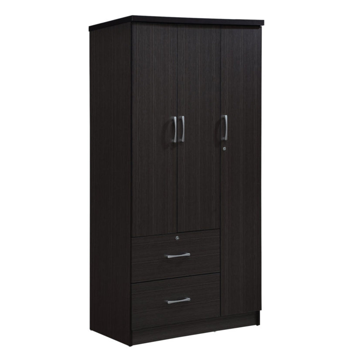 Hodedah Import 3 Door Armoire with Clothing Rod, Shelves, & 2 Drawers, Chocolate