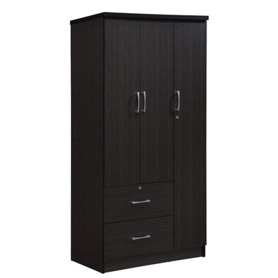Hodedah Import 3 Door Armoire with Clothing Rod, Shelves, & 2 Drawers, Chocolate