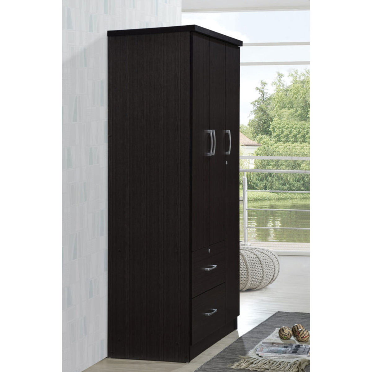 Hodedah Import 3 Door Armoire with Clothing Rod, Shelves, & 2 Drawers, Chocolate