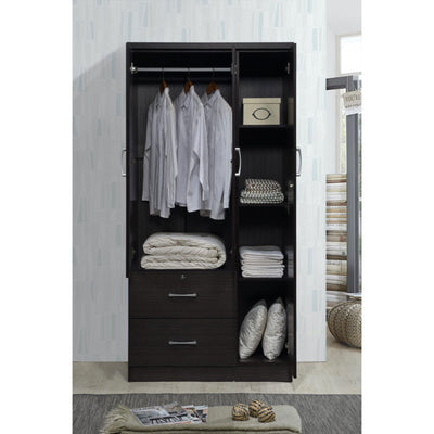 Hodedah Import 3 Door Armoire with Clothing Rod, Shelves, & 2 Drawers, Chocolate