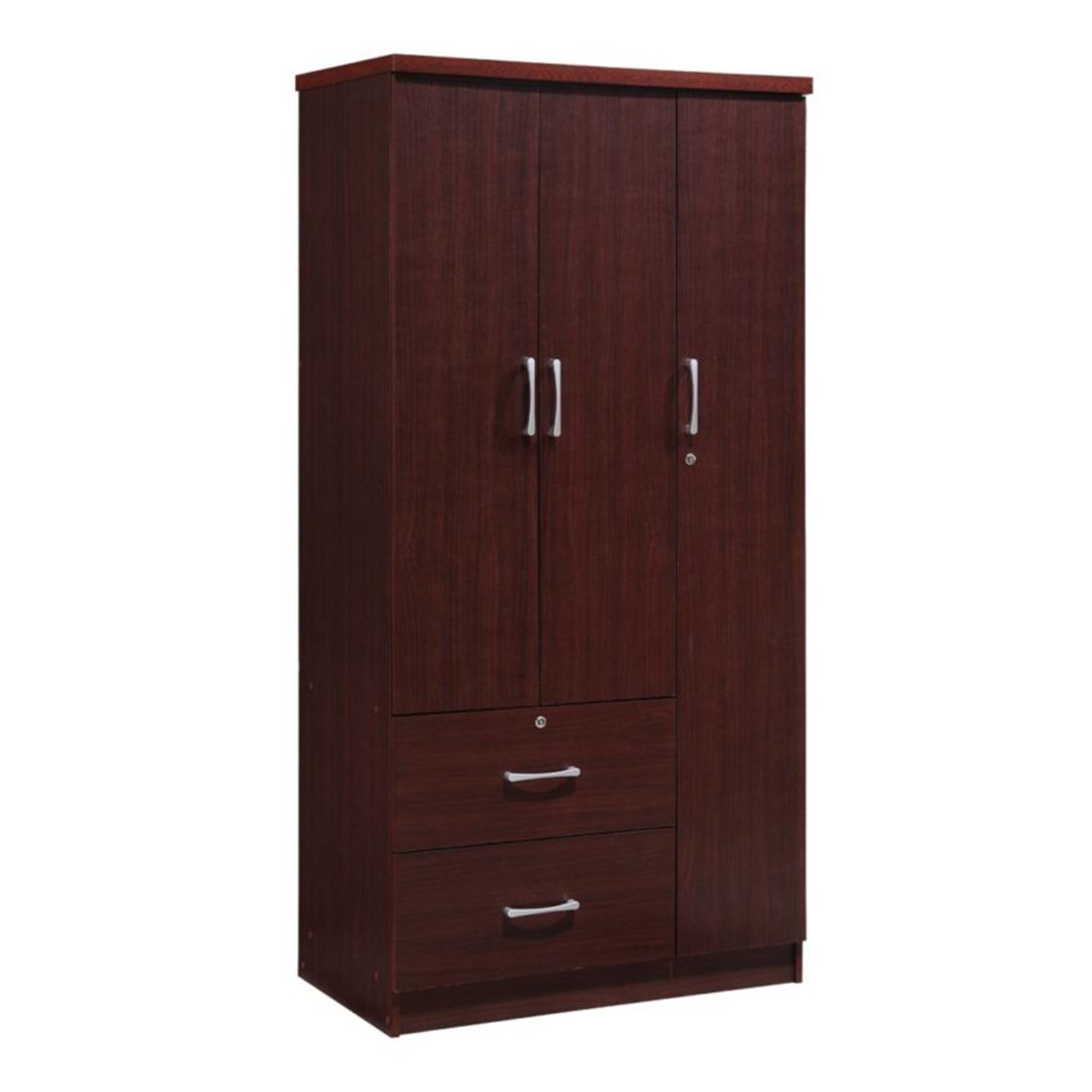 Hodedah Import 3 Door Armoire with Clothing Rod, Shelves, & 2 Drawers, Mahogany - VMInnovations