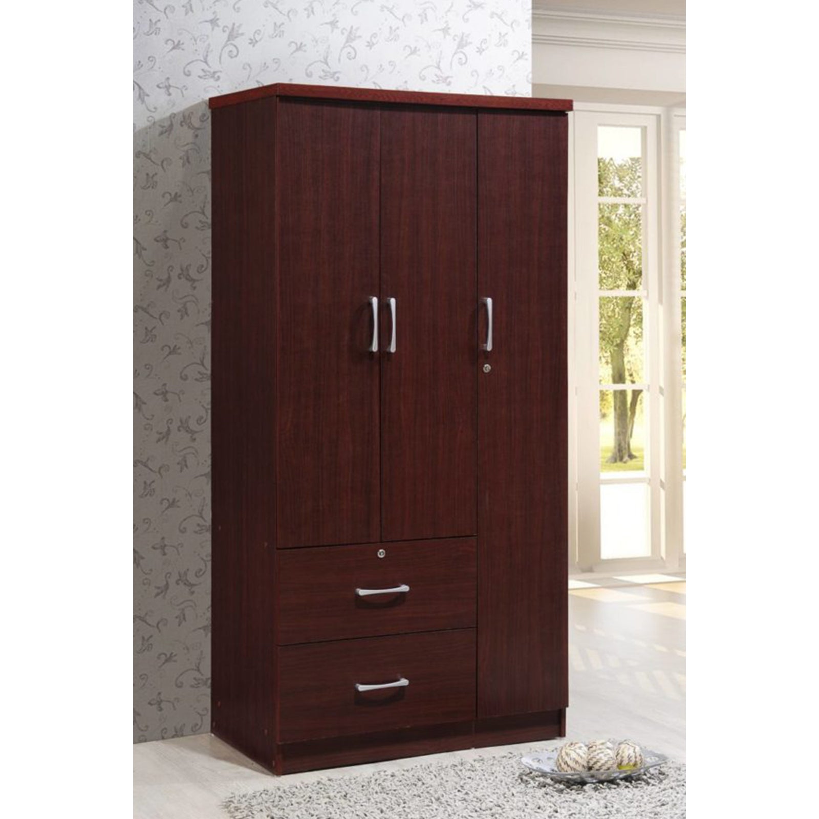 Hodedah Import 3 Door Armoire with Clothing Rod, Shelves, & 2 Drawers, Mahogany - VMInnovations