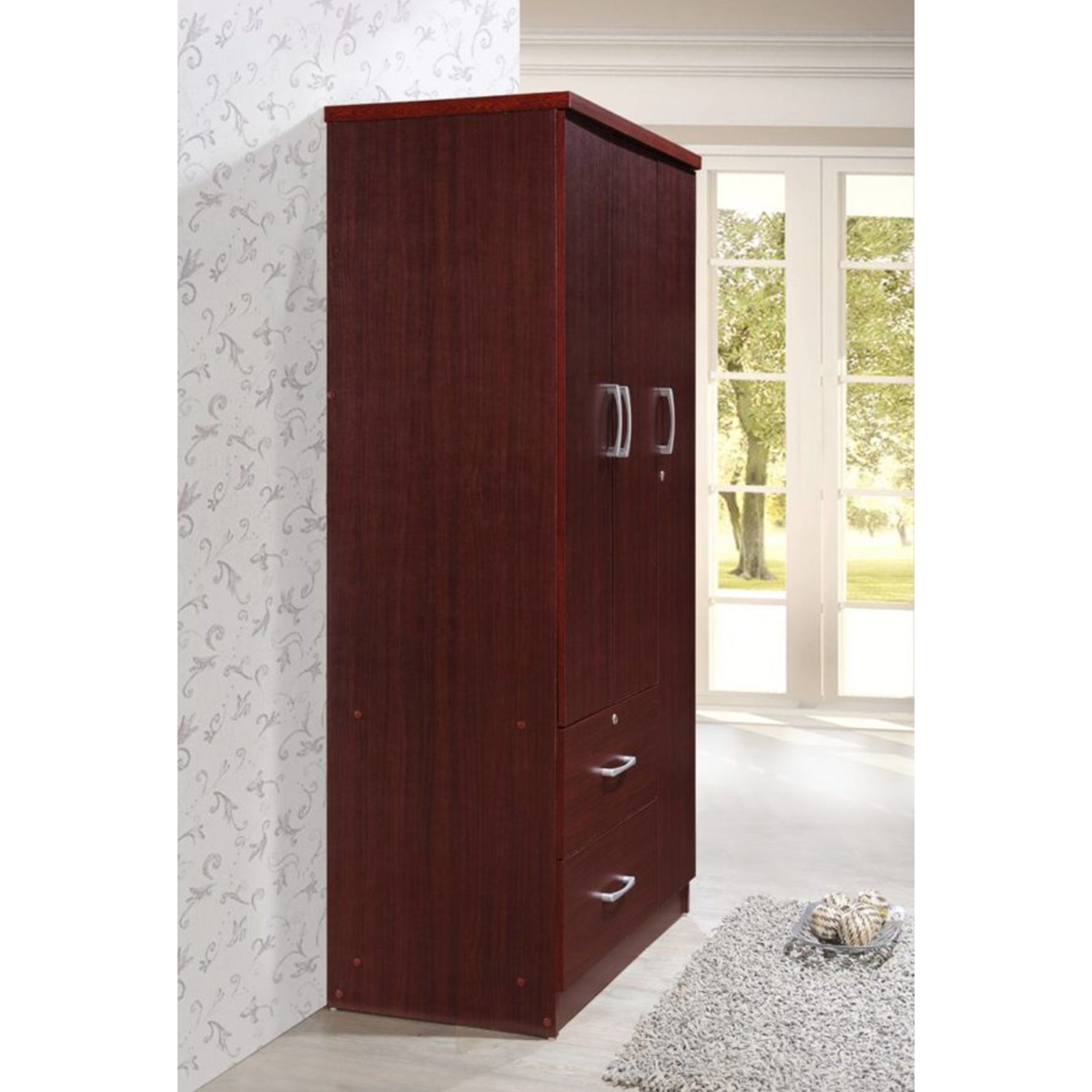 Hodedah Import 3 Door Armoire w/ Clothing Rod, Shelves, & 2 Drawers, (Open Box) - VMInnovations
