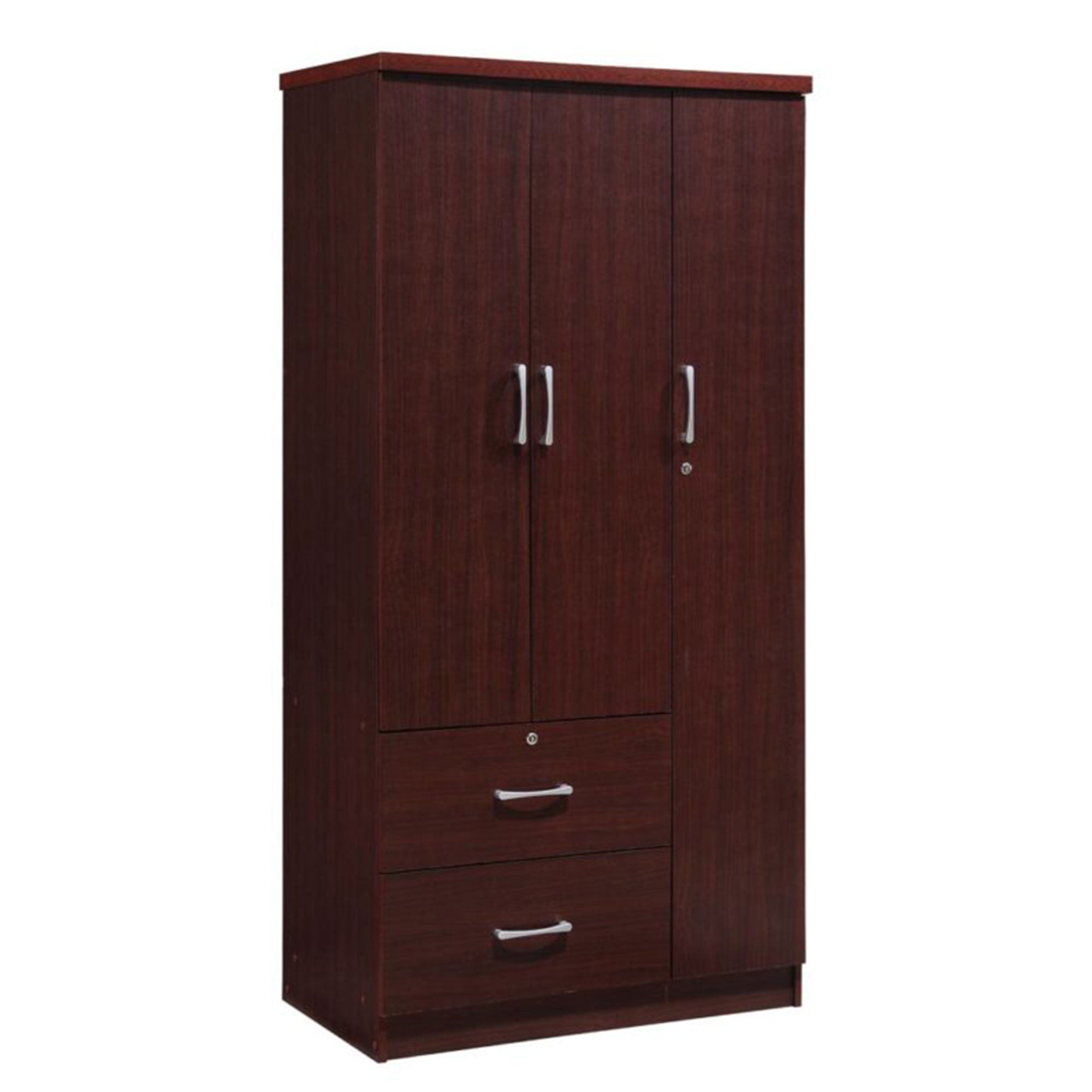 Hodedah Import 3 Door w/ Clothing Rod, Shelves, & 2 Drawers, Mahogany (Open Box) - VMInnovations