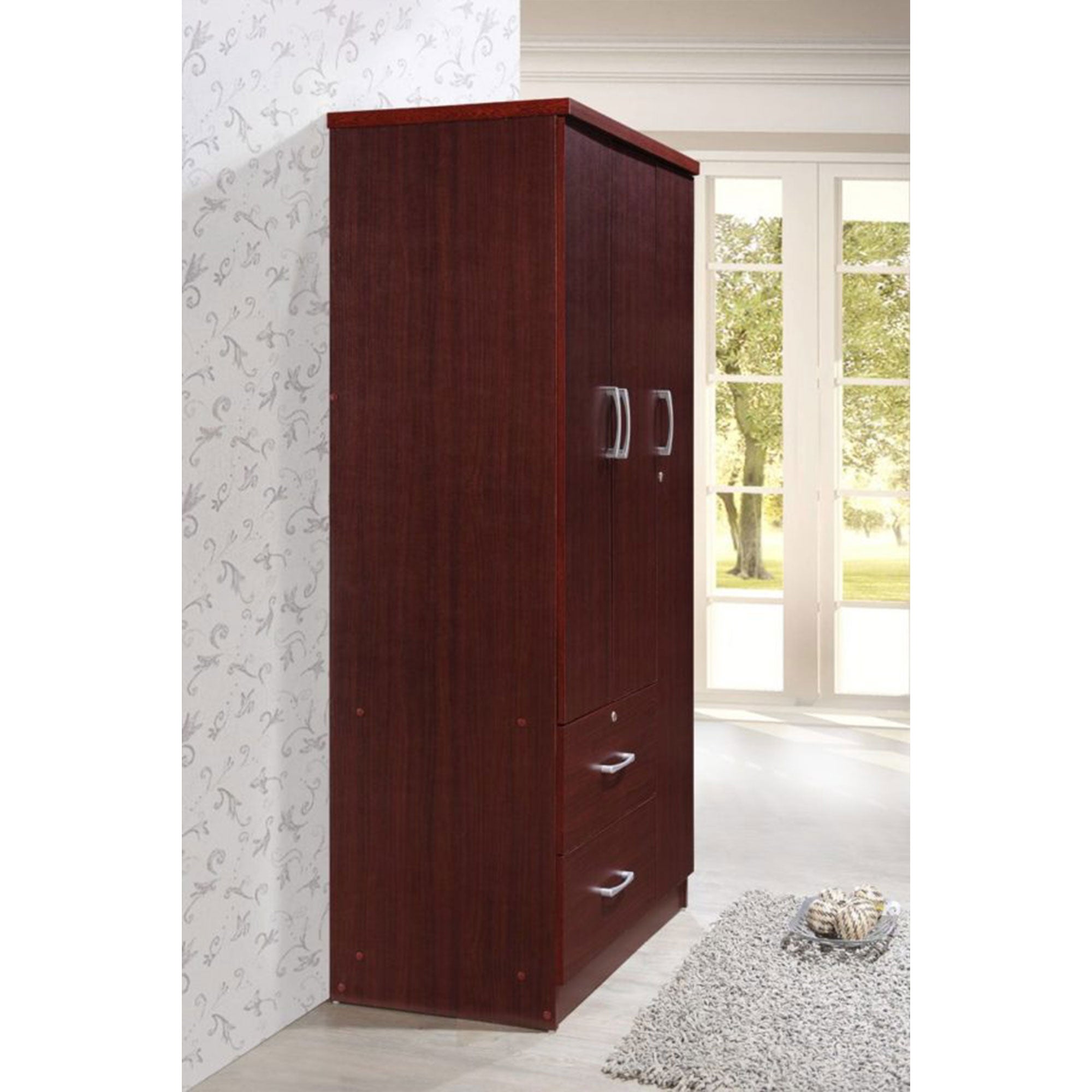 Hodedah Import 3 Door w/ Clothing Rod, Shelves, & 2 Drawers, Mahogany (Open Box) - VMInnovations
