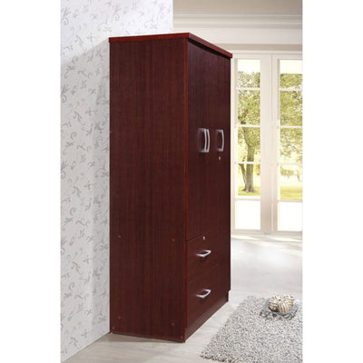 Hodedah Import 3 Door Armoire with Clothing Rod, Shelves, & 2 Drawers, Mahogany