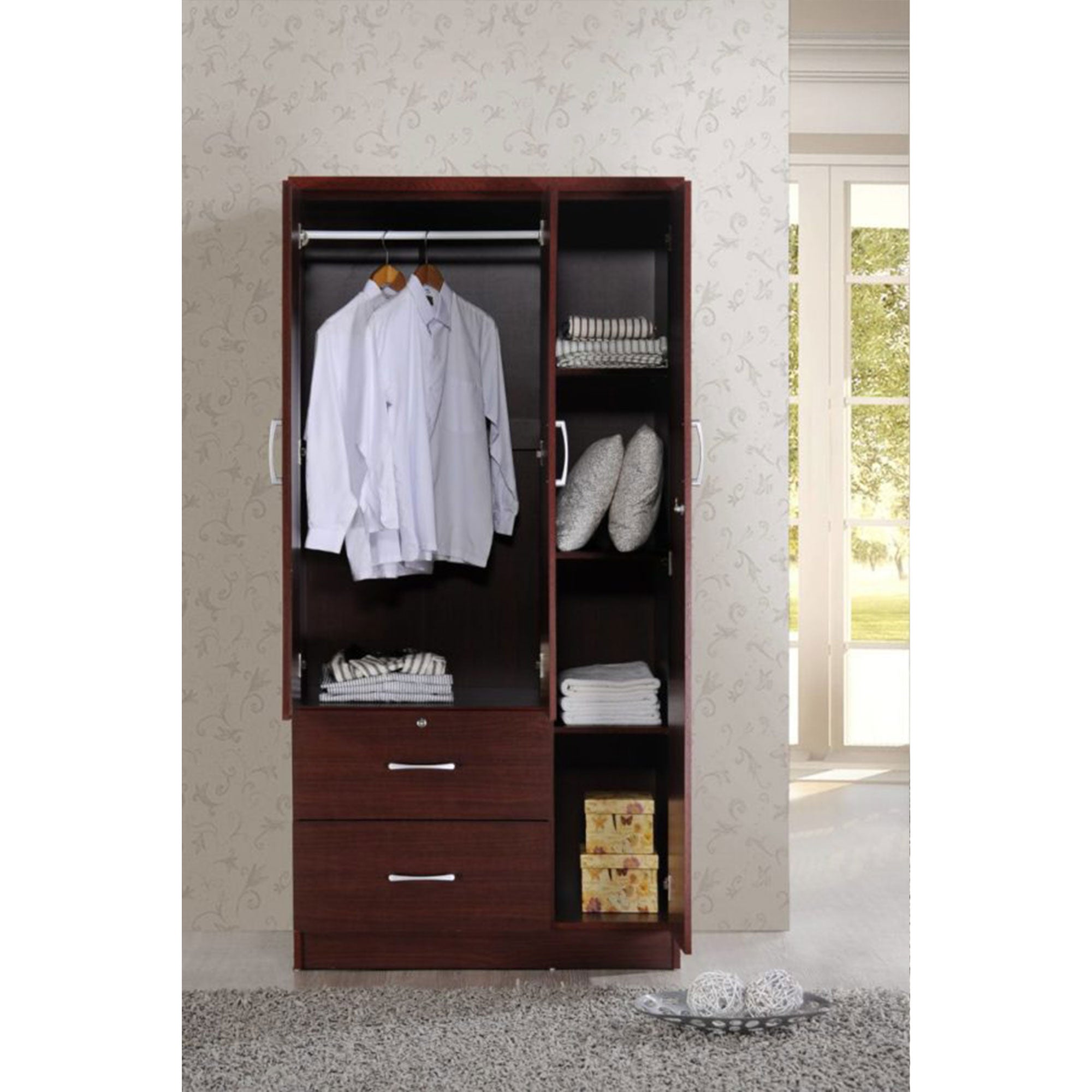 Hodedah Import 3 Door w/ Clothing Rod, Shelves, & 2 Drawers, Mahogany (Open Box) - VMInnovations