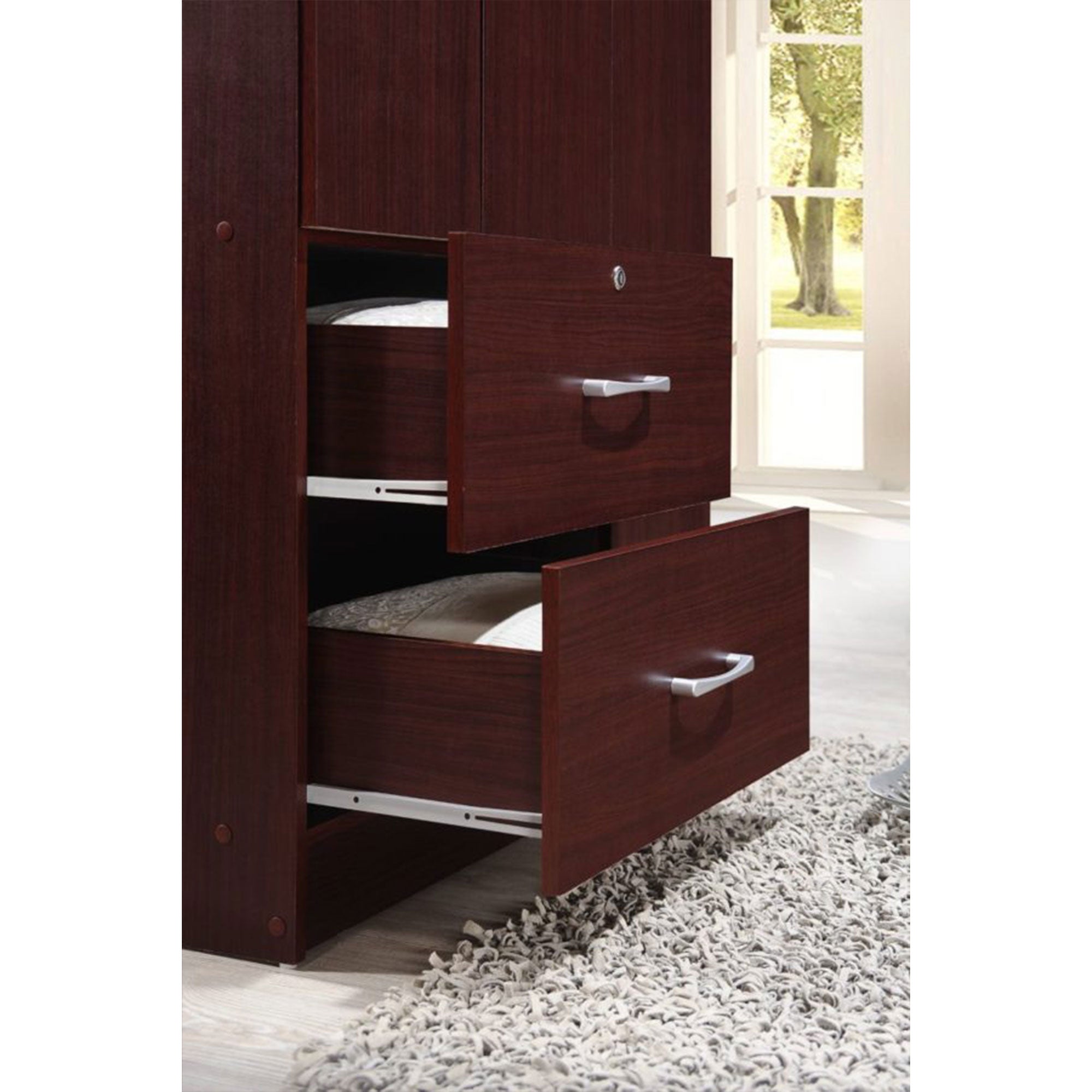 Hodedah Import 3 Door w/ Clothing Rod, Shelves, & 2 Drawers, Mahogany (Open Box) - VMInnovations