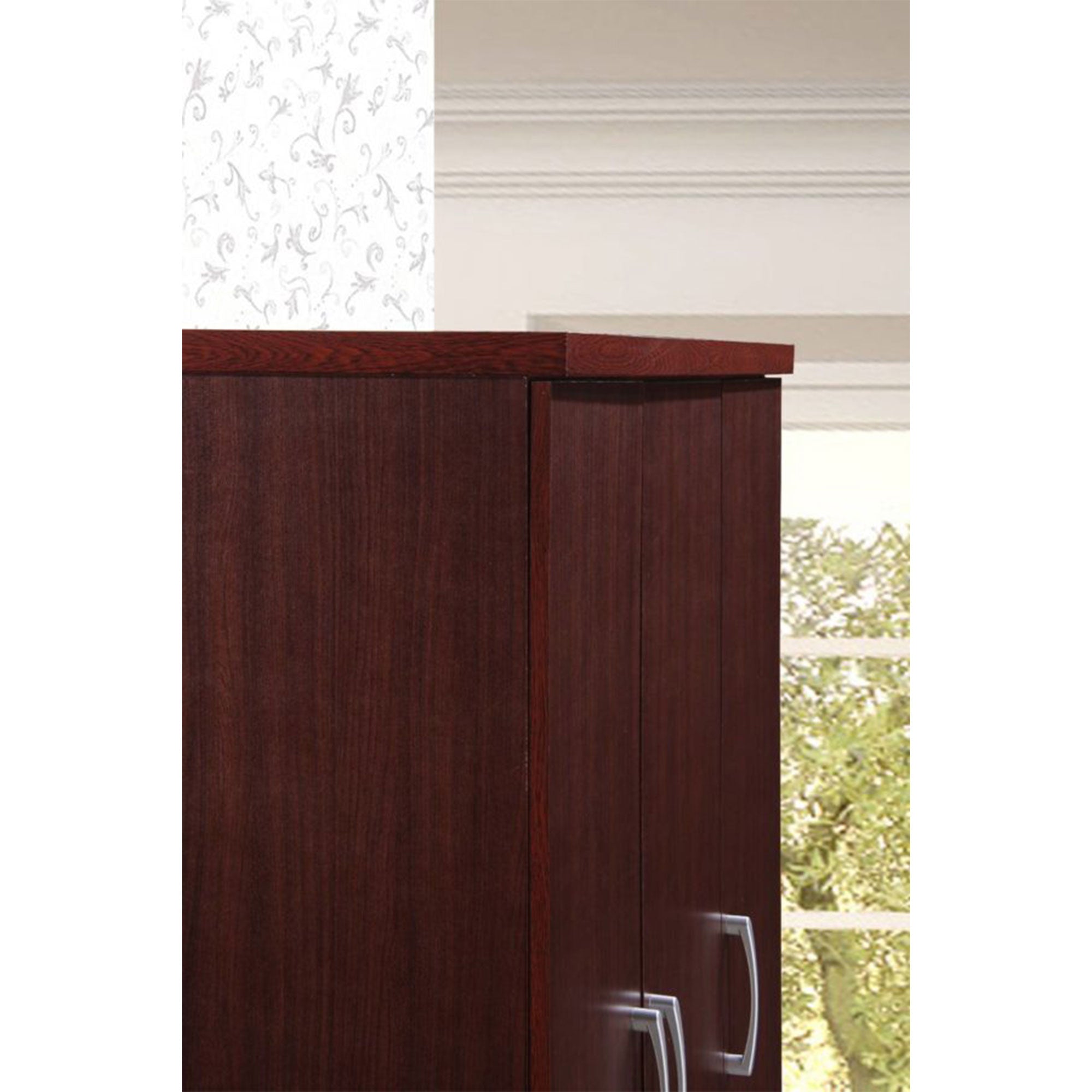 Hodedah Import 3 Door Armoire with Clothing Rod, Shelves, & 2 Drawers, Mahogany