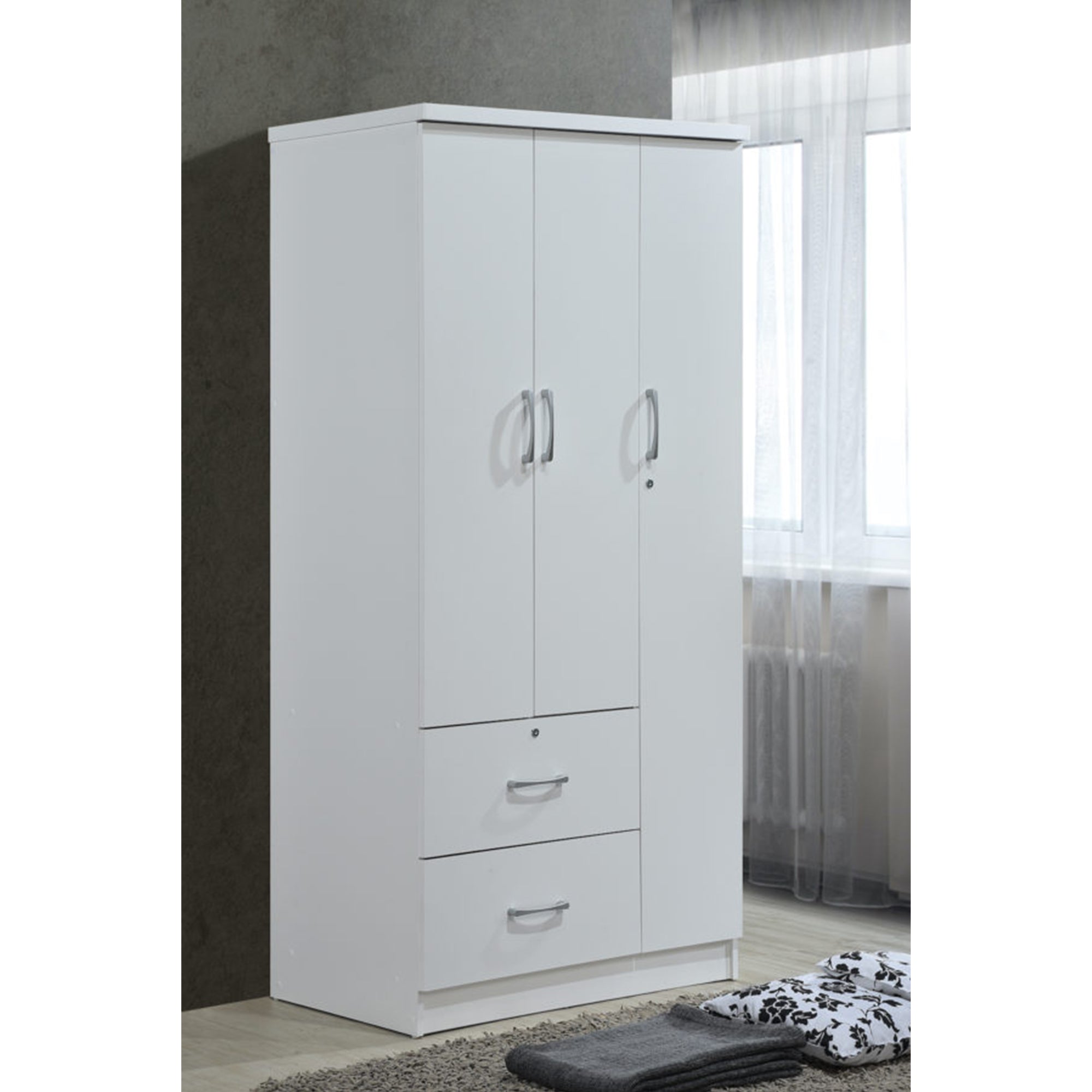 Hodedah Import 3 Door Armoire with Clothing Rod, Shelves, and 2 Drawers, White