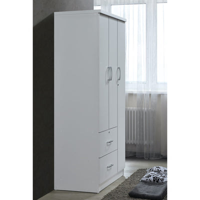 Hodedah Import 3 Door Armoire with Clothing Rod, Shelves, and 2 Drawers, White