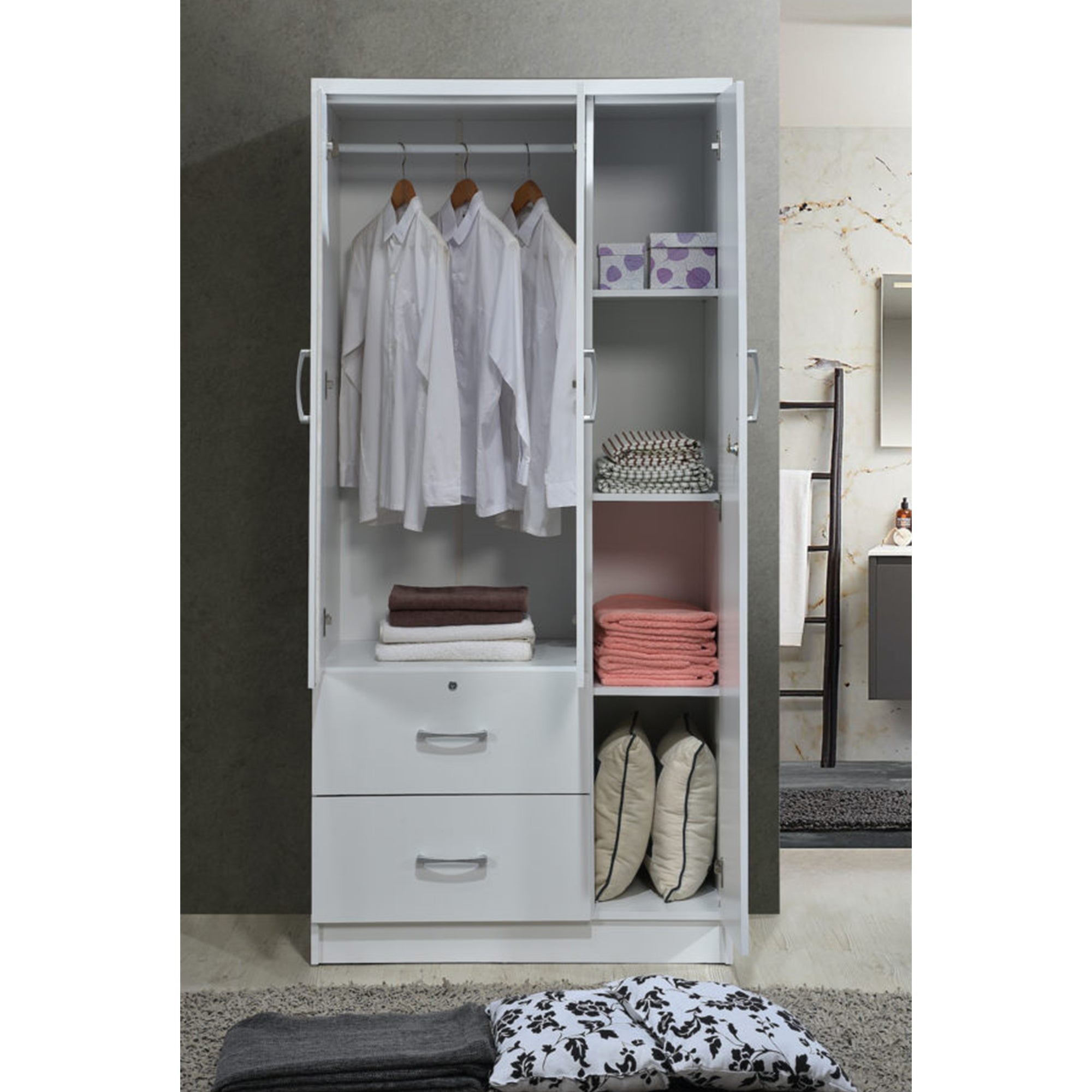 Hodedah Import 3 Door Armoire with Clothing Rod, Shelves, and 2 Drawers, White