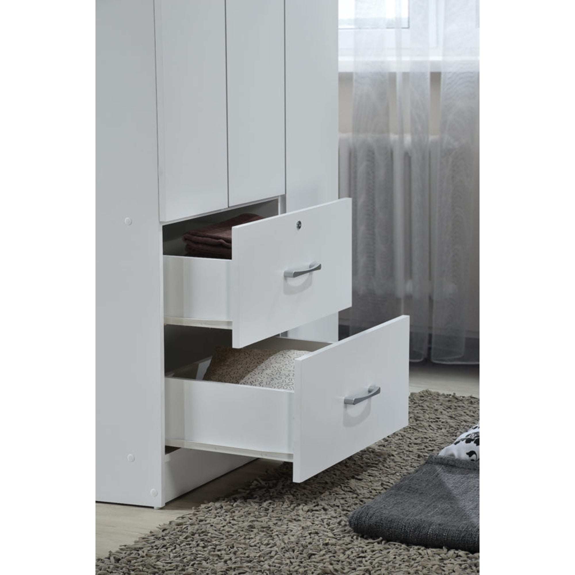 Hodedah Import 3 Door Armoire with Clothing Rod, Shelves, and 2 Drawers, White