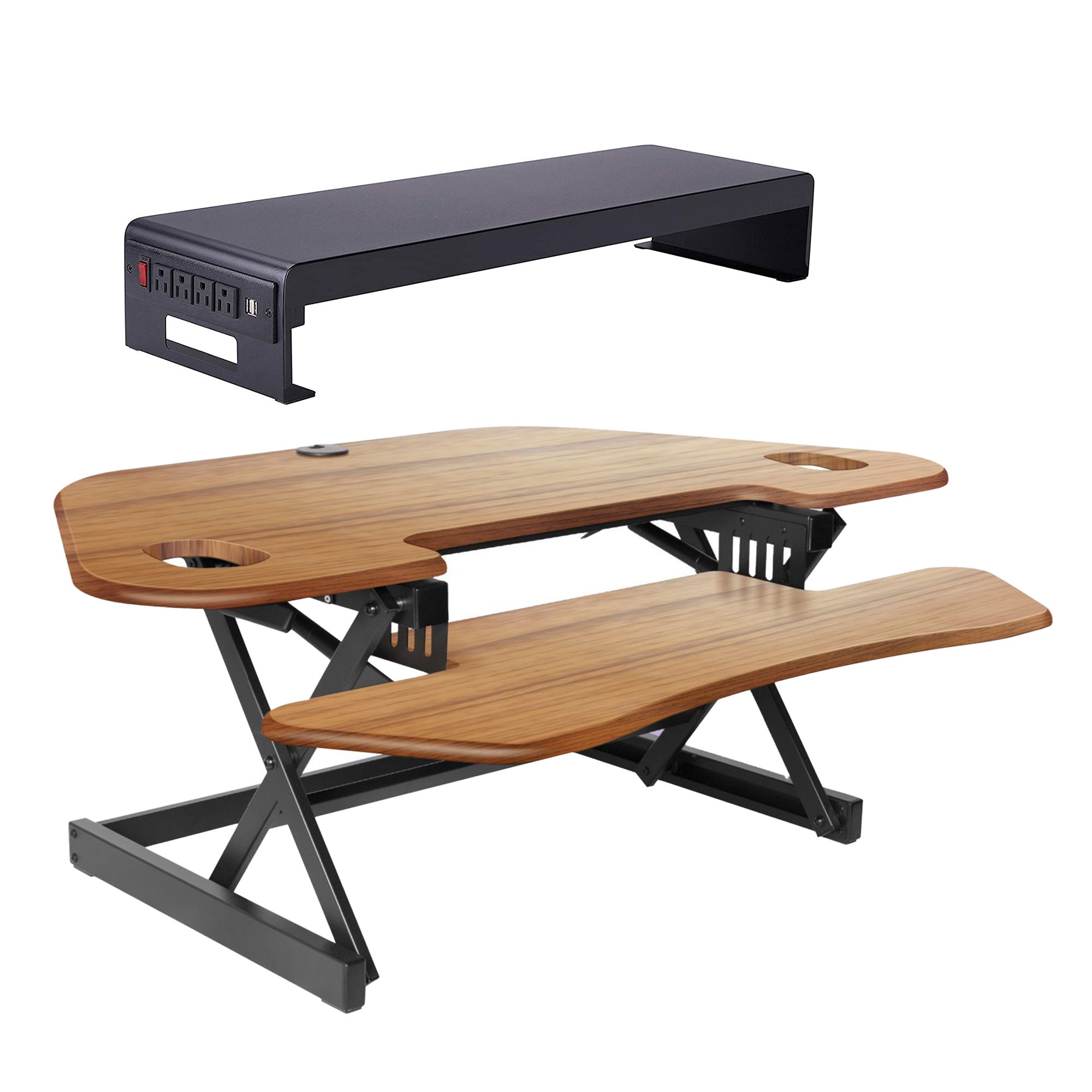 Rocelco Adjustable Standing Desk Converter, Teak & 30 Inch Dual Monitor Stand - VMInnovations