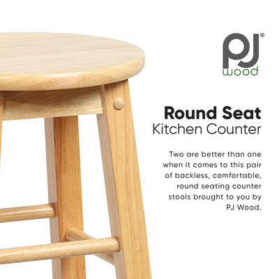 PJ Wood Classic Round-Seat 24" Tall Kitchen Counter Stools, Natural, Set of 2