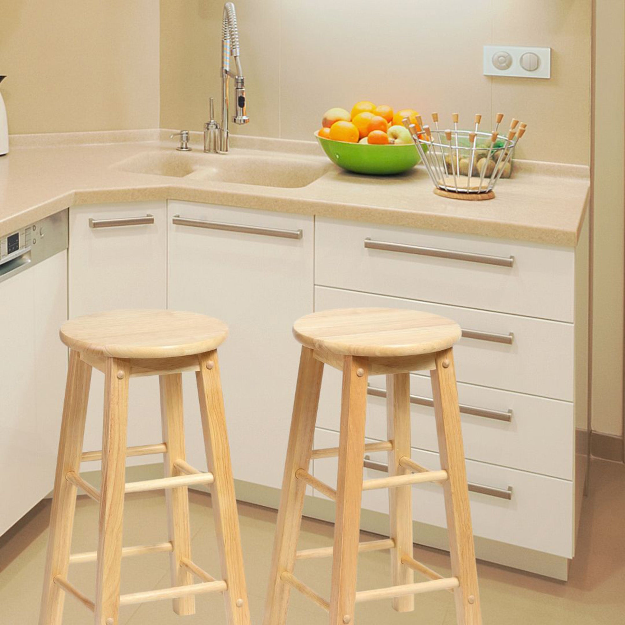 PJ Wood Classic Round-Seat 24" Tall Kitchen Counter Stools, Natural, (Used)