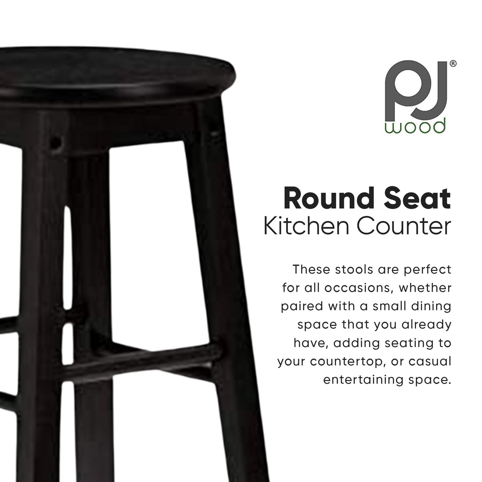 PJ Wood Classic Round-Seat 24 Inch Kitchen and Counter Stools, Black, Set of 2 - VMInnovations