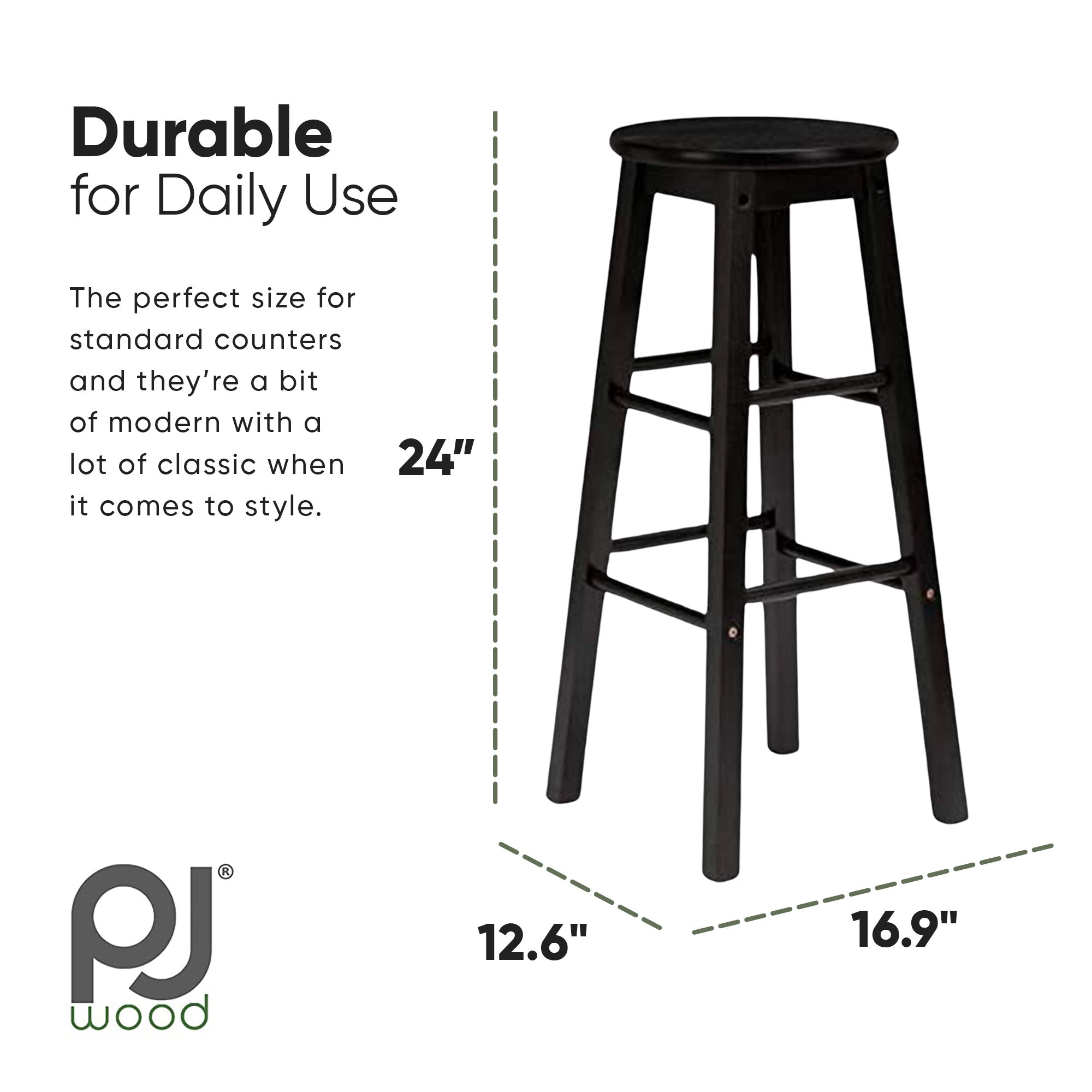PJ Wood Classic Round-Seat 24' Kitchen & Counter Stools, Blk, Set of 2(Open Box) - VMInnovations