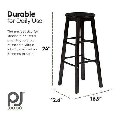 PJ Wood Classic Round-Seat 24' Kitchen & Counter Stools, Blk, Set of 2(Open Box) - VMInnovations