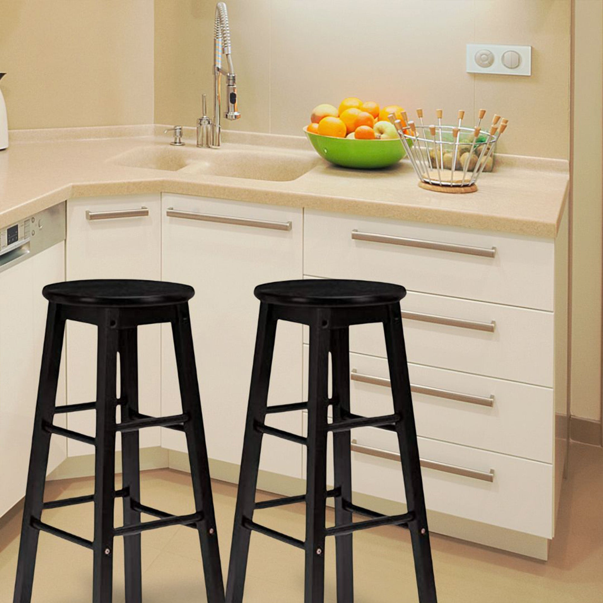 PJ Wood Classic Round-Seat 24' Kitchen & Counter Stools, Blk, Set of 2(Open Box) - VMInnovations