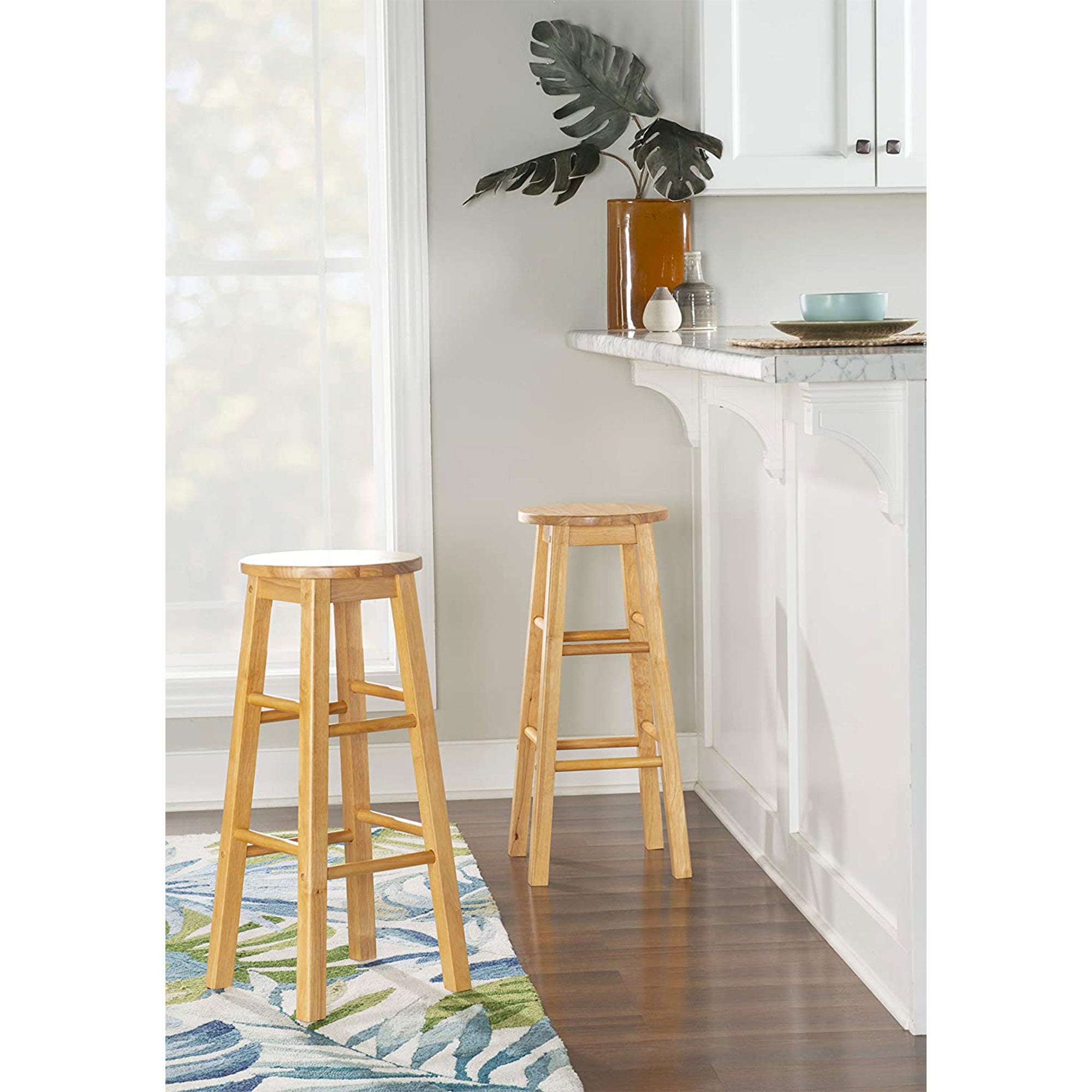 Classic Round-Seat 29 Inch Tall Kitchen Bar Stools, Natural, Set of 2 (Open Box) - VMInnovations