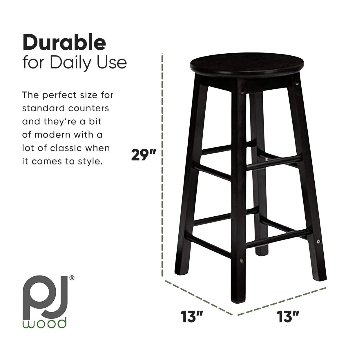 PJ Wood Classic 29 Inch Tall Kitchen Counter Stools, Black, Set of 2 (Open Box) - VMInnovations