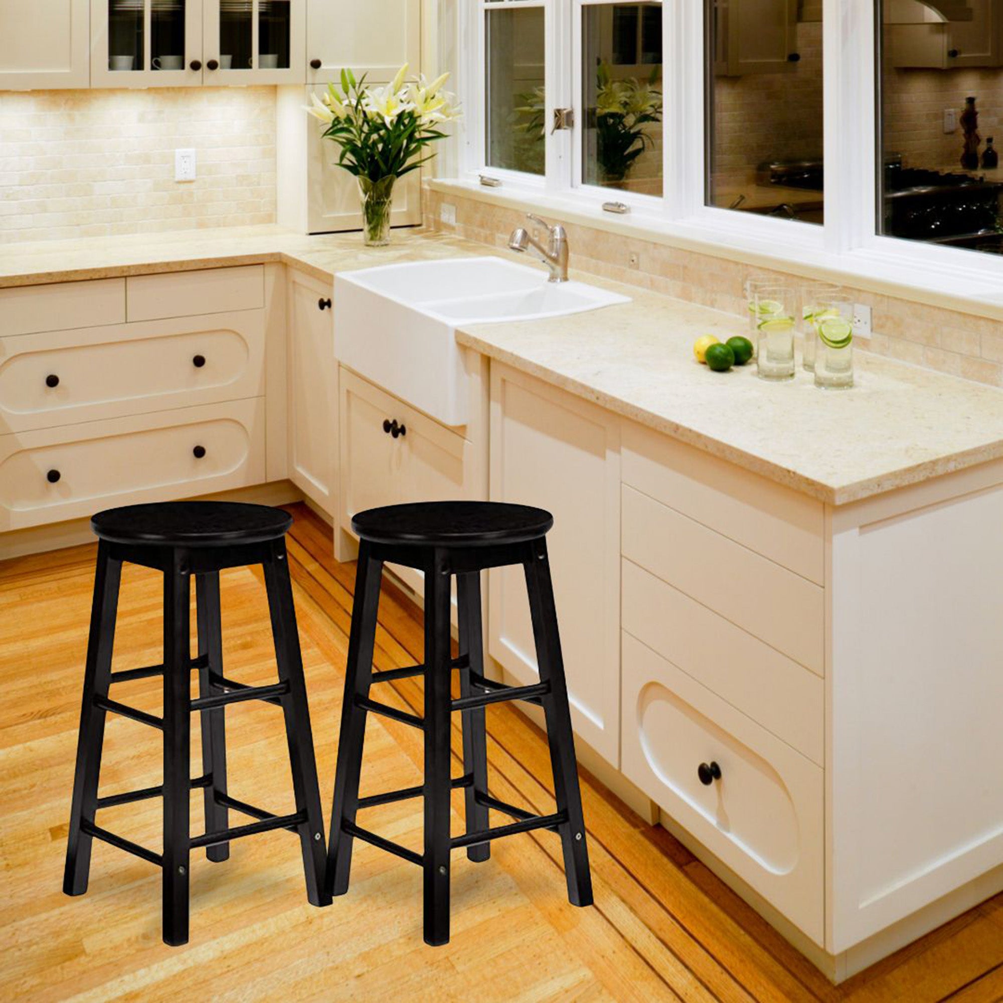 PJ Wood Round-Seat 29" Tall Kitchen Counter Stools, Blk,Set of 2(Open Box) - VMInnovations