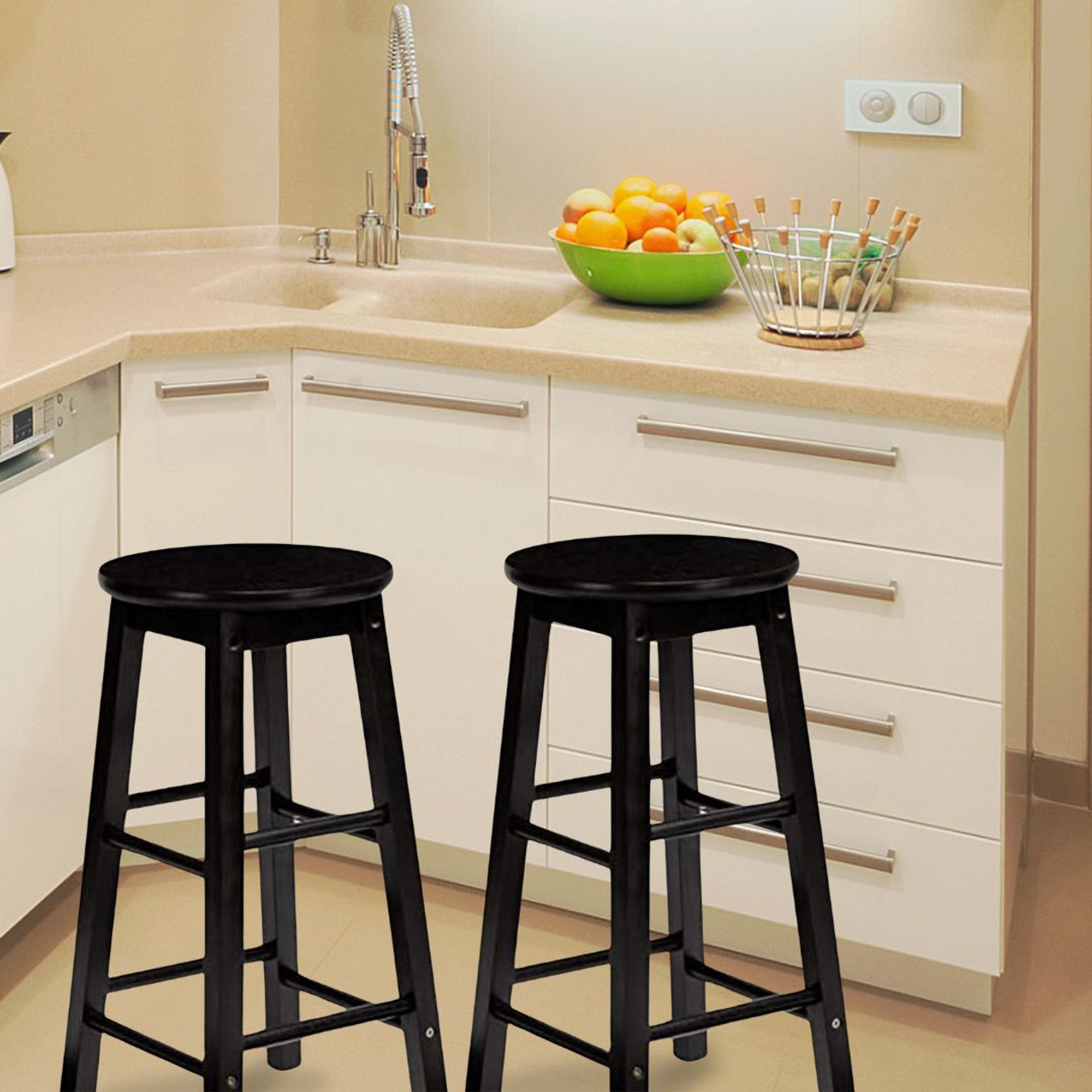 PJ Wood Round-Seat 29" Tall Kitchen Counter Stools, Blk,Set of 2(Open Box) - VMInnovations