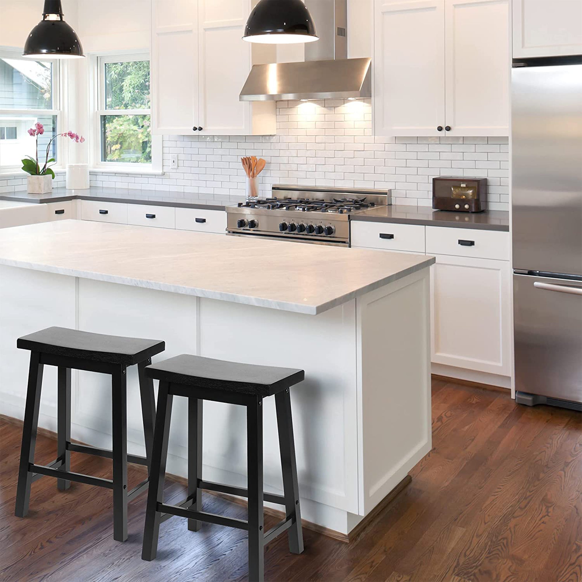 PJ Wood Saddle-Seat 24In Tall Kitchen Counter Stools, Black, Set of 2 (Open Box) - VMInnovations