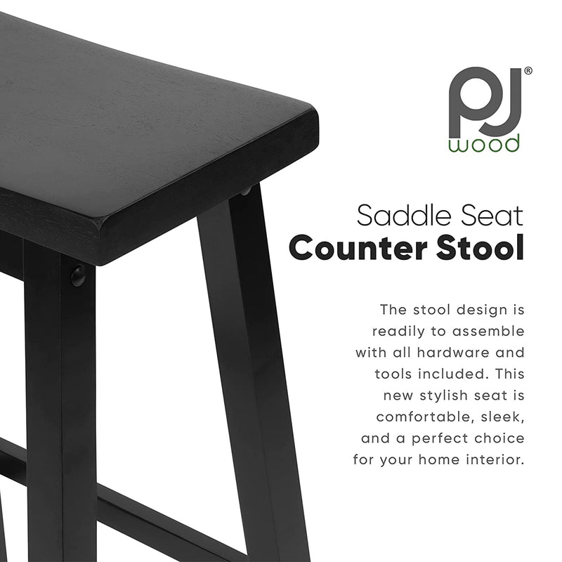 PJ Wood Classic Saddle-Seat 24" Tall Kitchen Counter Stools, Black, (Set of 2)