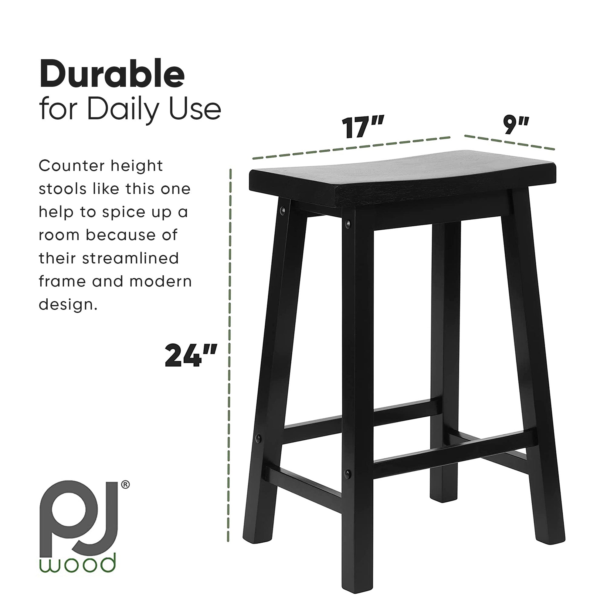 PJ Wood Saddle-Seat 24In Tall Kitchen Counter Stools, Black, Set of 2 (Open Box) - VMInnovations