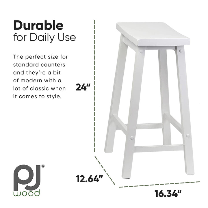 PJ Wood Classic Saddle-Seat 24" Tall Kitchen Counter Stools, White, (Set of 2)