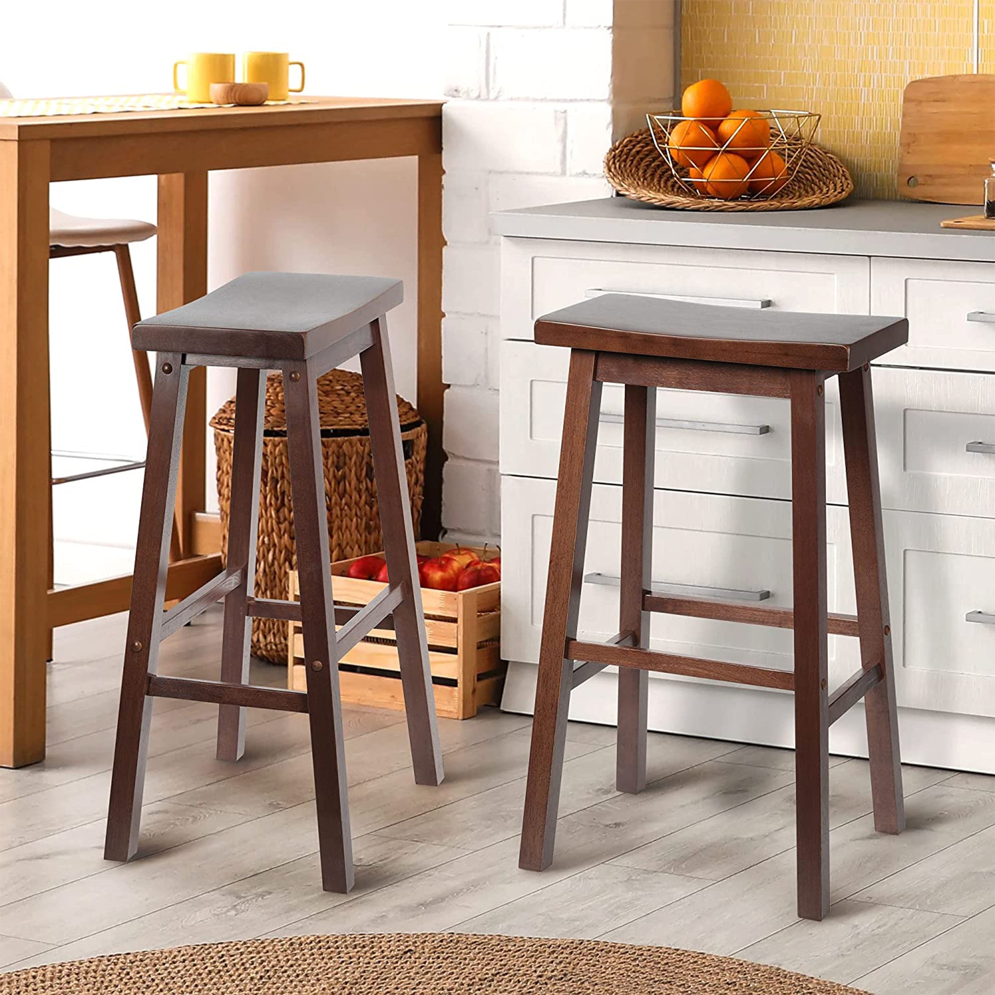 PJ Wood Classic Saddle-Seat 24" Tall Kitchen Counter Stools, Walnut, (Set of 2)