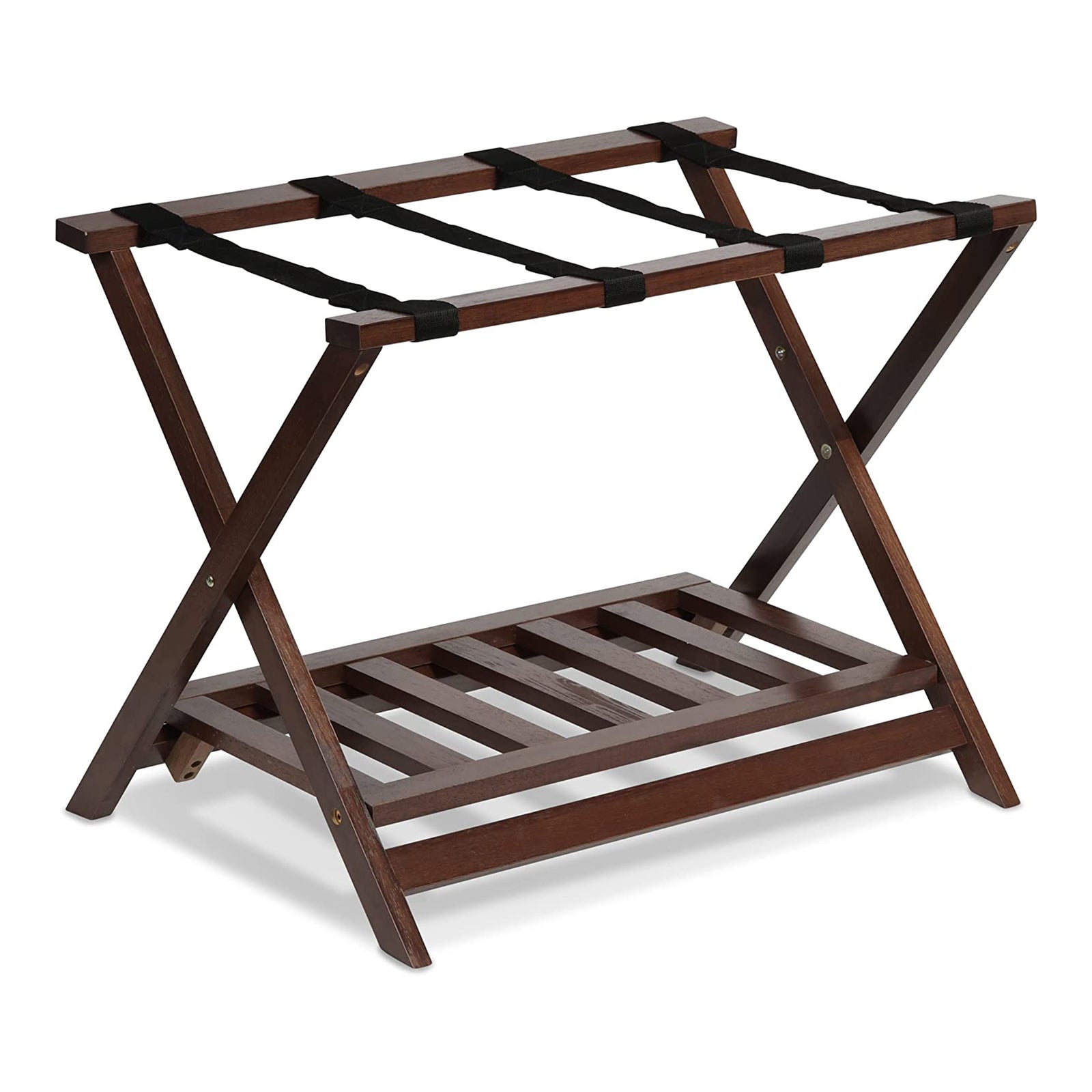 PJ Wood Hotel Style Wood Home Folding Suitcase Luggage Rack with Shelf, Walnut - VMInnovations