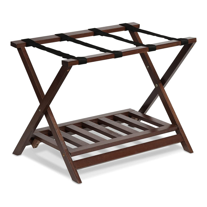 PJ Wood Hotel Style Wood Home Folding Suitcase Luggage Rack with Shelf, Walnut