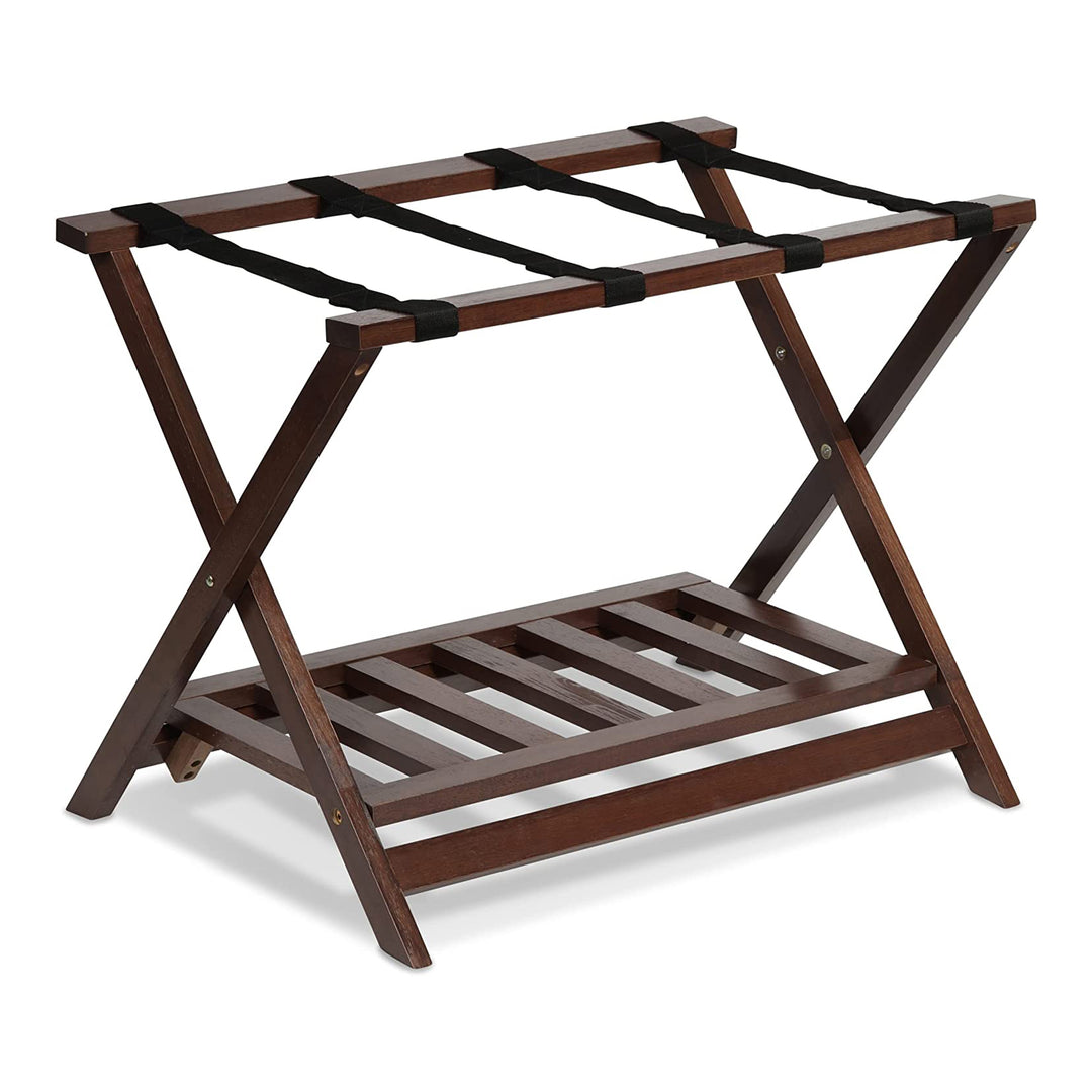 PJ Wood Hotel Style Wood Home Folding Suitcase Luggage Rack w/Shelf,Walnut(Used) - VMInnovations
