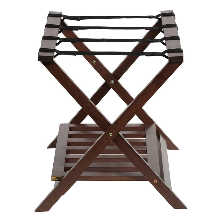 PJ Wood Hotel Style Wood Home Folding Suitcase Luggage Rack with Shelf, Walnut