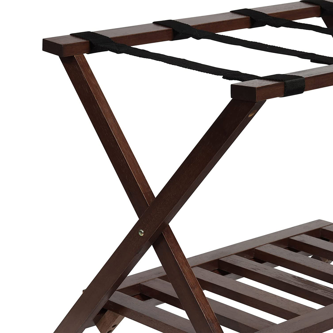 PJ Wood Hotel Style Wood Home Folding Suitcase Luggage Rack with Shelf, Walnut