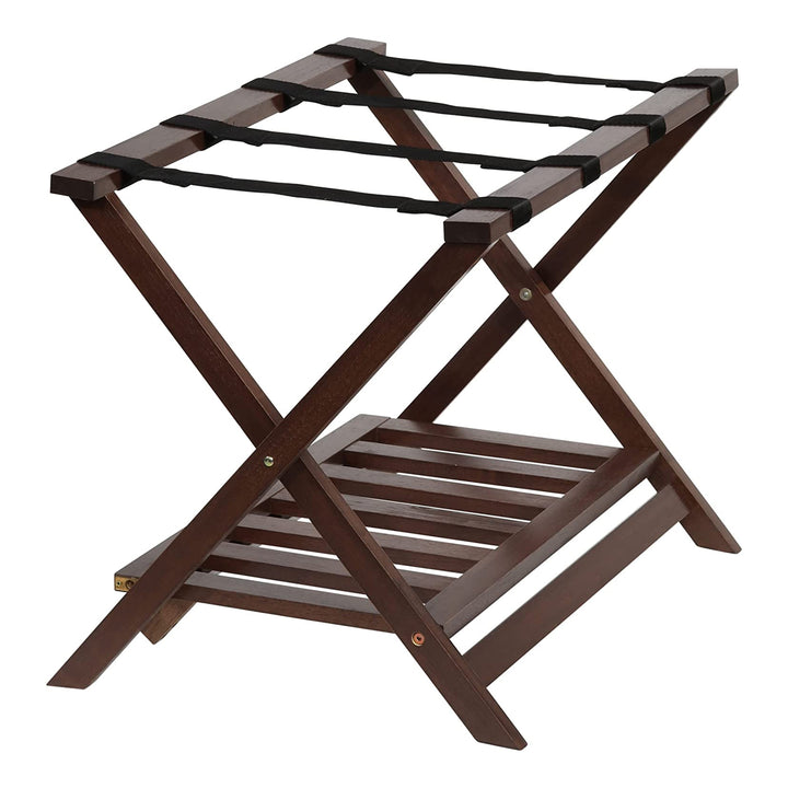 PJ Wood Hotel Style Wood Home Folding Suitcase Luggage Rack w/Shelf,Walnut(Used) - VMInnovations