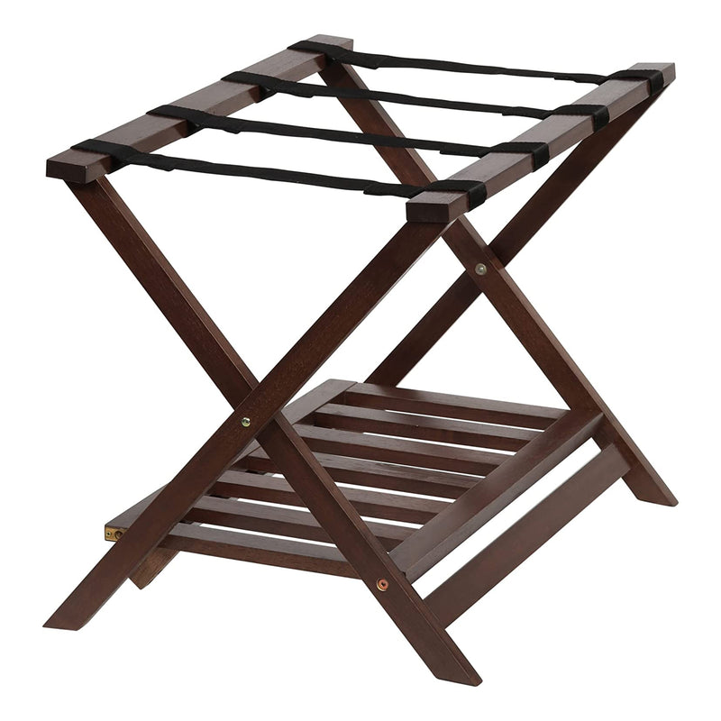 Hotel Style Wood Home Folding Suitcase Luggage Rack with Shelf, Walnut (Used)