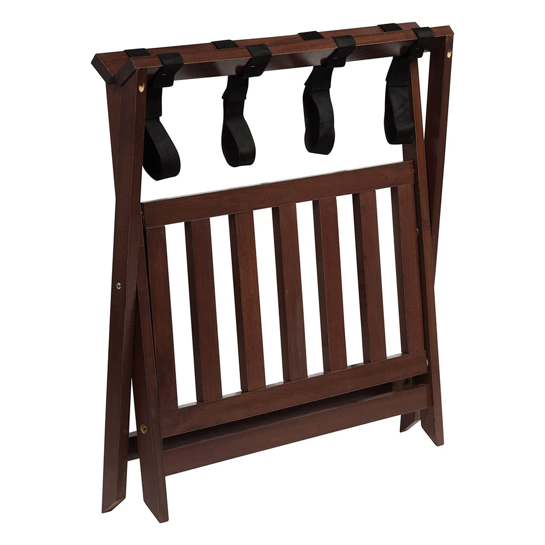 PJ Wood Hotel Style Wood Home Folding Suitcase Luggage Rack with Shelf, Walnut