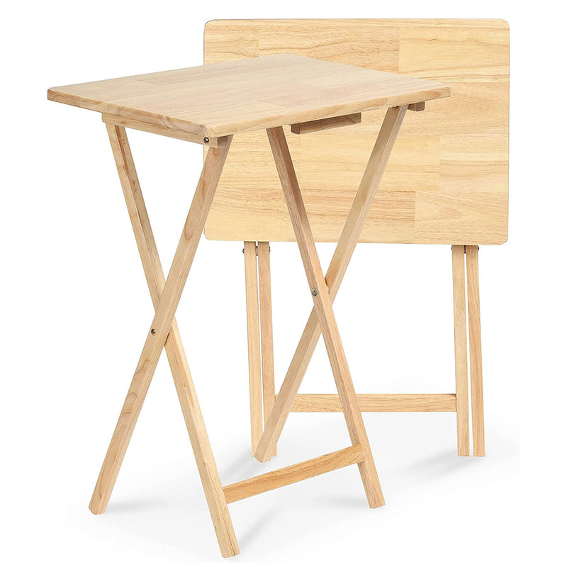 PJ Wood Folding TV Snack Tray Table with Natural Finish, 2 Piece Set (Open Box)