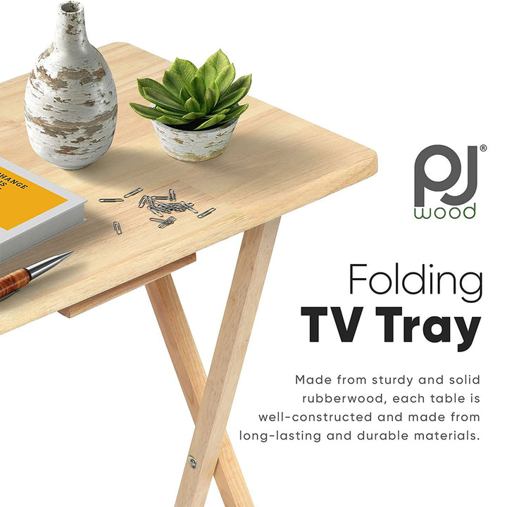 PJ Wood Folding Portable TV Snack Tray Table with Natural Finish, 2 Piece Set