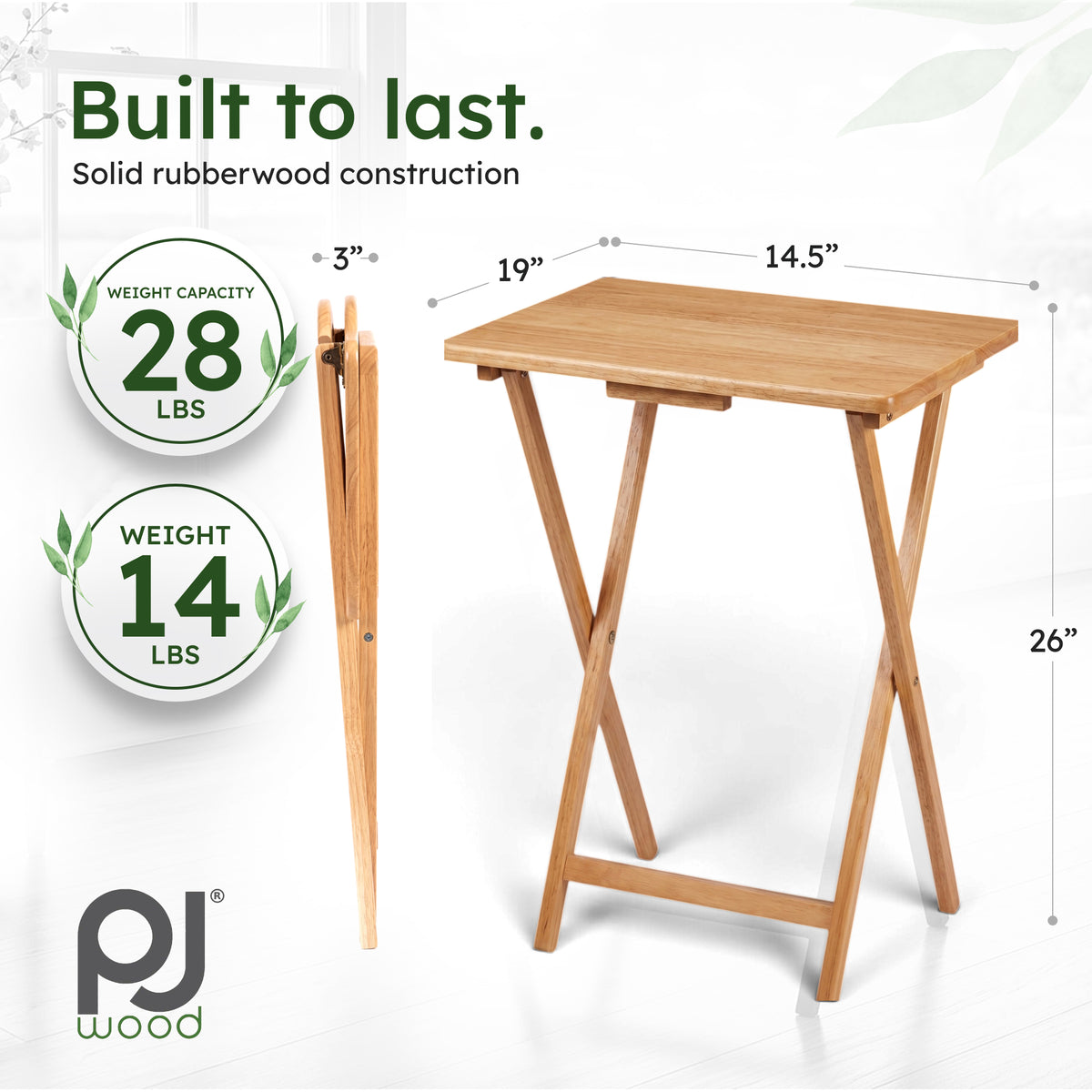 PJ Wood Folding Portable TV Snack Tray Table with Natural Finish, 2 Piece Set