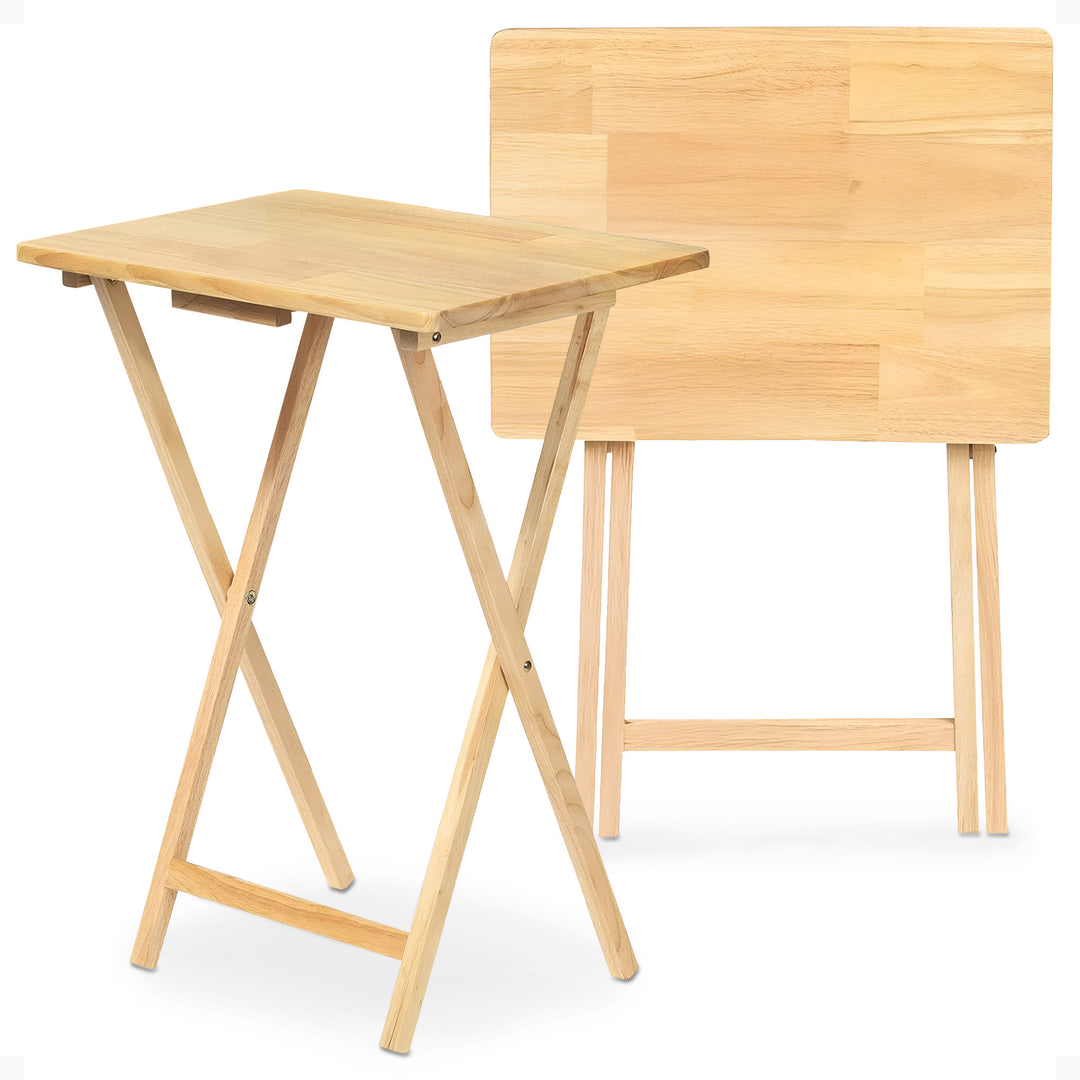 PJ Wood Folding Portable TV Snack Tray Table with Natural Finish, 2 Piece Set - VMInnovations